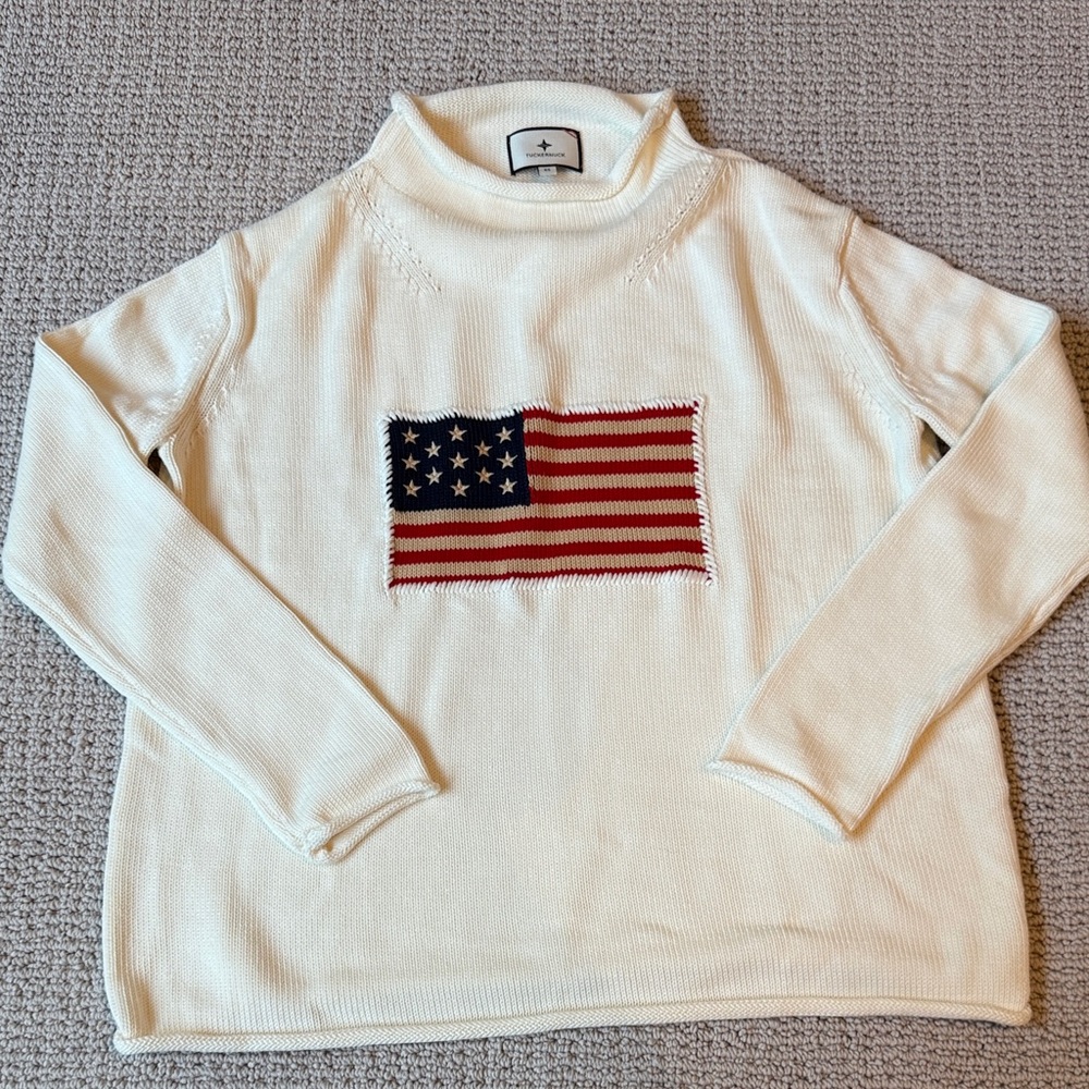 Tuckernuck Cream Cowlneck Sweater with Flag Motif